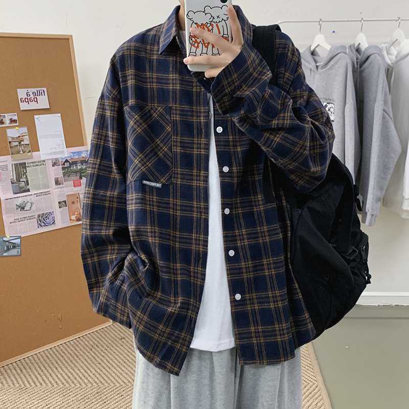 春秋款长袖格子衬衫男宽松学生休闲复古帅气外穿磨毛衬衣外套普通
