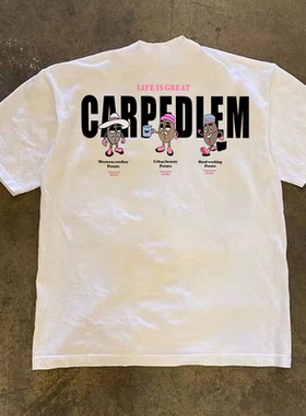 260g重磅不透港风个性咖啡豆小人印花T恤夏季纯棉圆领短袖男女款