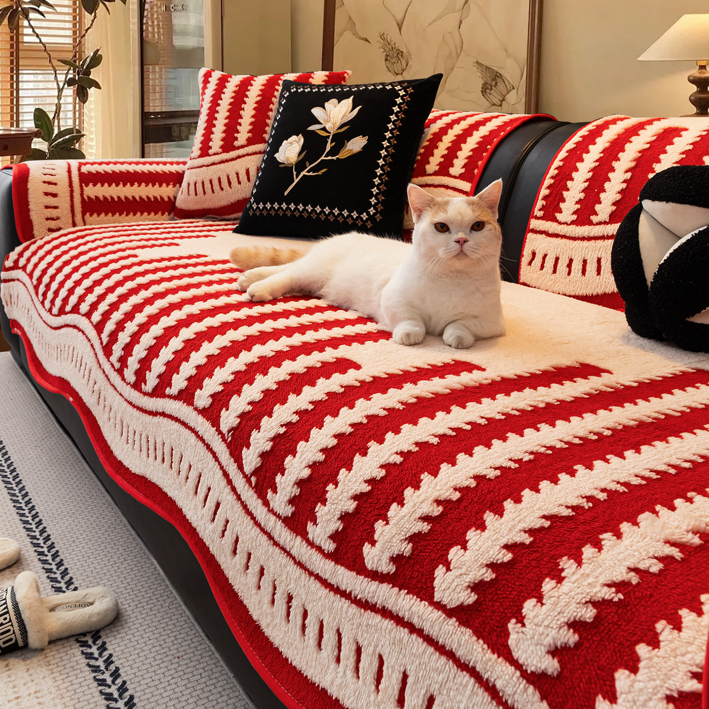 结婚乔迁毛绒沙发垫盖布2026冬季新款新年喜庆氛围固定防滑坐垫子