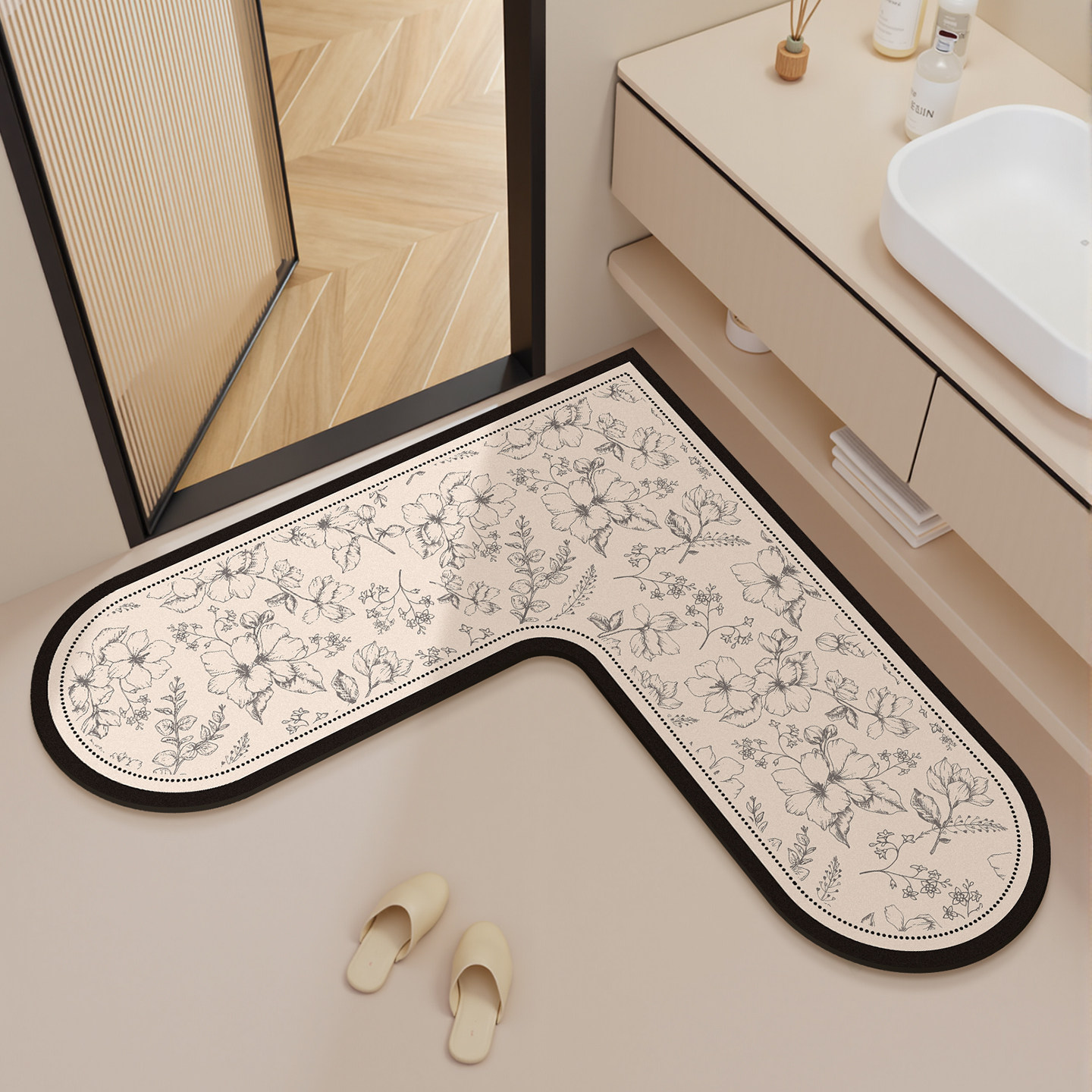 2025新款L形浴室地垫心形卫生间硅藻泥吸水脚垫洗漱台进门防滑垫,居家布艺,家用脚垫,淘宝优惠券,粉丝福利购,淘宝优惠卷