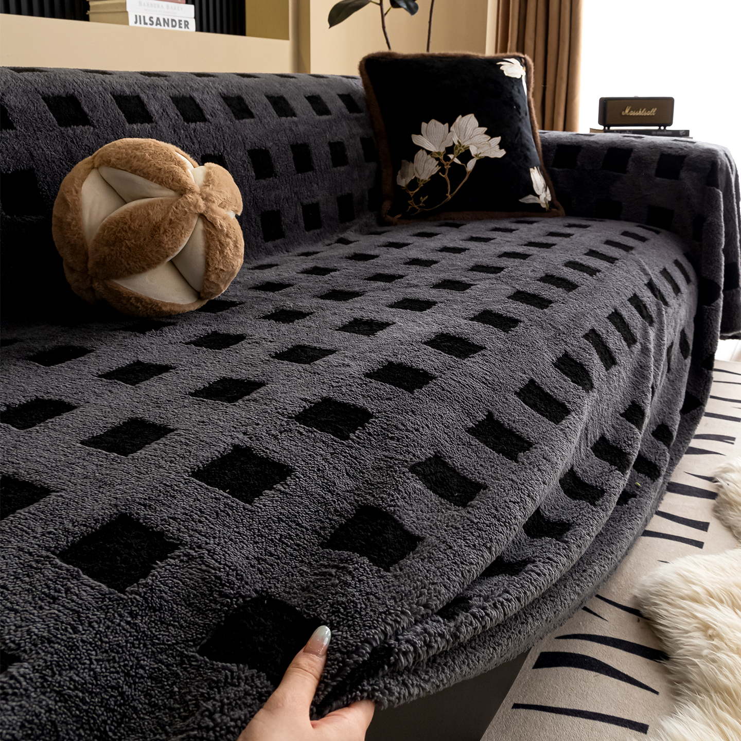 简约加厚保暖毛绒沙发套罩盖布巾