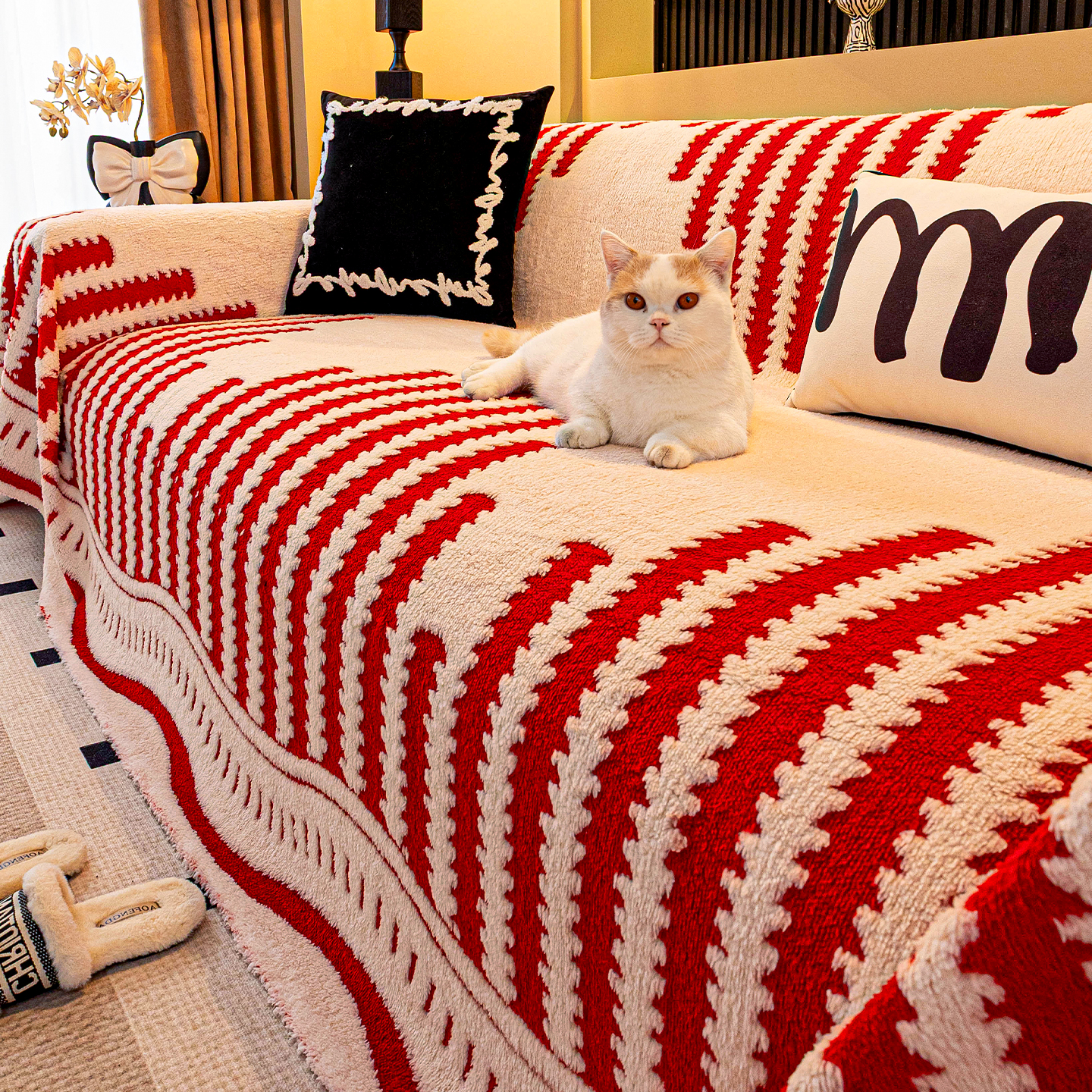 红色喜庆全包毛绒沙发套罩布毯子