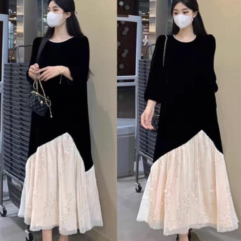赫本风假两件拼接亮片黑色丝绒连衣裙不规则宽松显瘦遮肉网纱长裙
