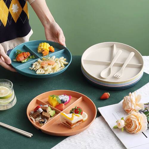 1pc Divided Breakfast Plate,3 Grids Round Plastic Individual