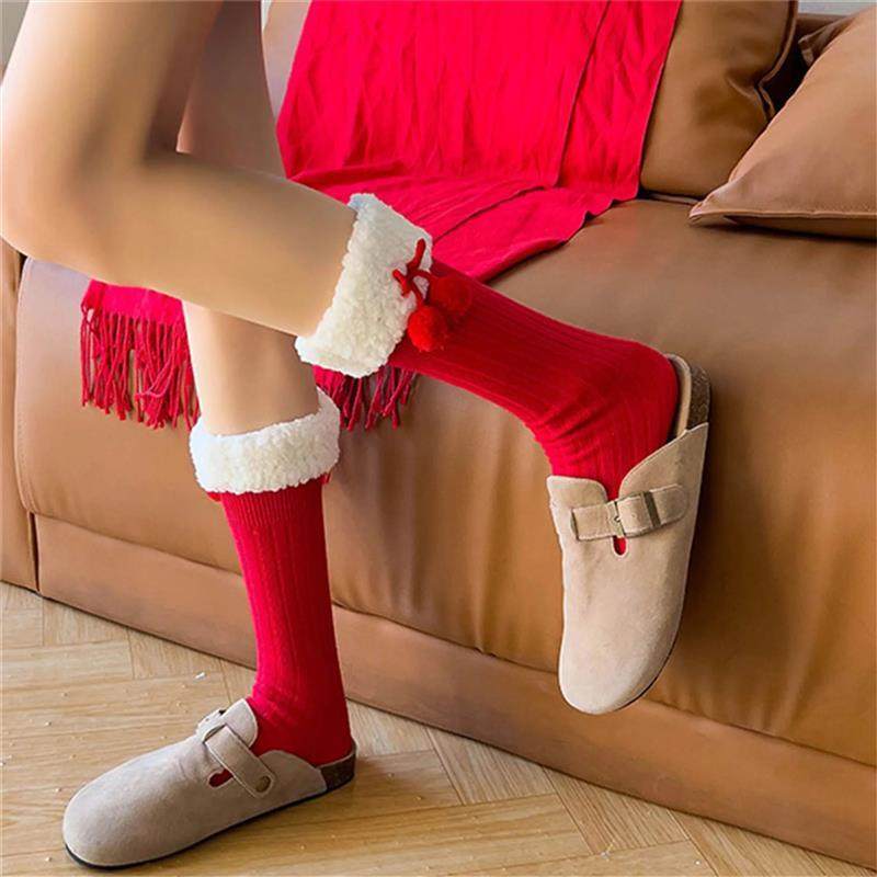 Cute Christmas Lamb Wool Red Socks for Women Plush Bow Decor