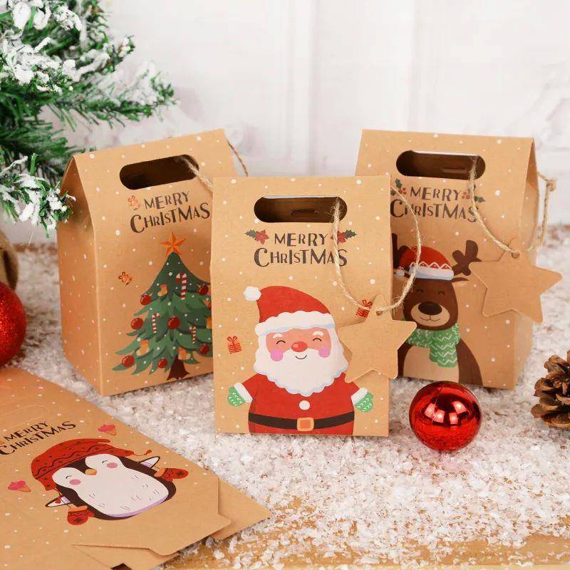 6pcs Merry Christmas Candy Gift Box with Tag Kraft Paper Coo