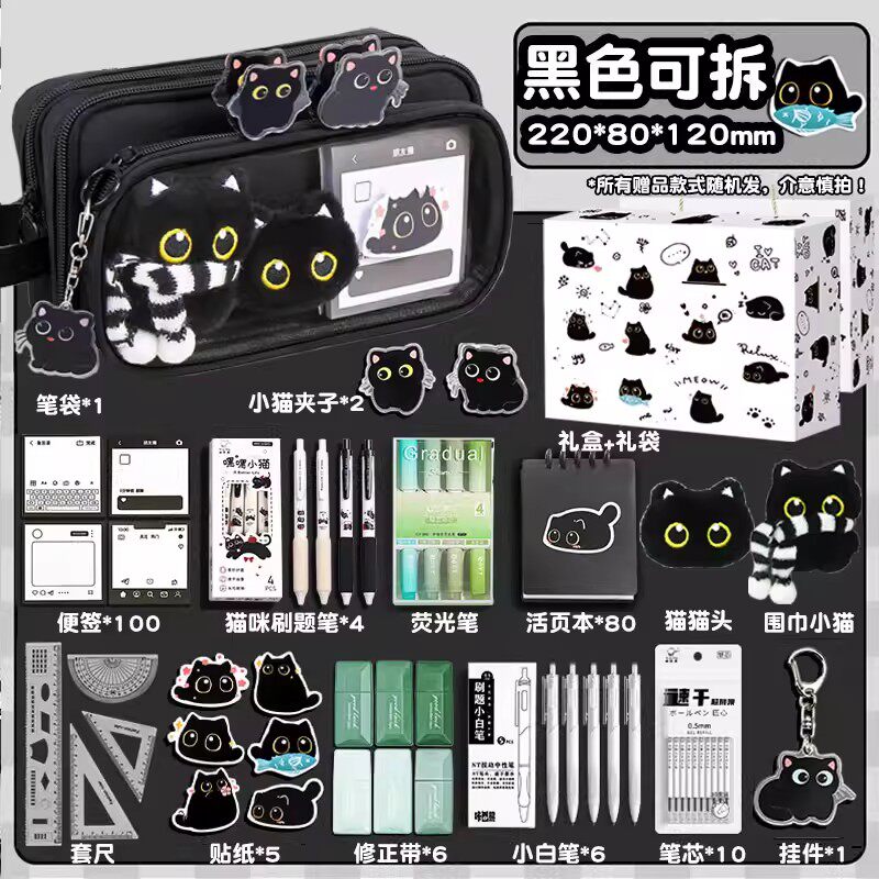 10层可拆卸笔袋女生高颜值ins风2026新款卡通小黑猫多层大容量文具盒简约透明文具盒铅笔袋小学生初中生黑色
