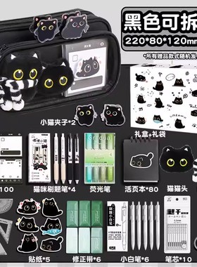 10层可拆卸笔袋女生高颜值ins风2026新款卡通小黑猫多层大容量文具盒简约透明文具盒铅笔袋小学生初中生黑色