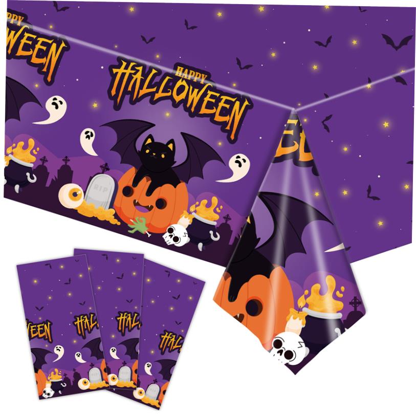 New Halloween Party Tablecloth Black Cat Pumpkin Theme Purpl