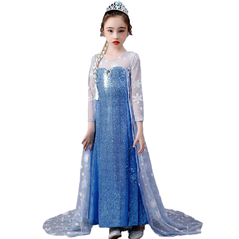 女童冰雪奇缘艾莎公主裙修身蓝色亮片披风拖地长裙爱莎六一演出服