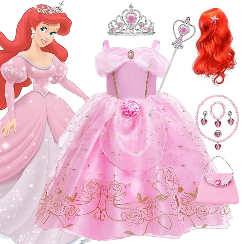 夏季中小女童美人鱼爱丽儿公主裙儿童粉色吊带礼服舞蹈演出服花童