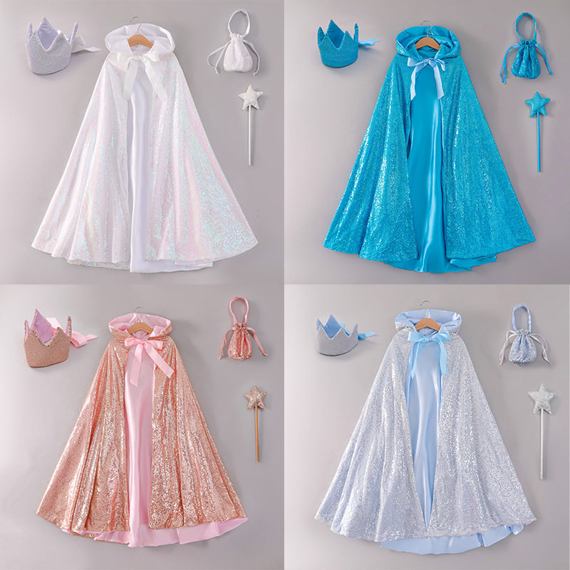 女童爱莎安娜披风亮片纯色爱莎加长连帽斗篷万圣节布袋魔法棒配饰