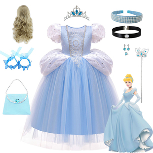 夏季女童灰姑娘辛德瑞拉蓬蓬刺绣连衣裙儿童爱莎公主裙生日礼服裙