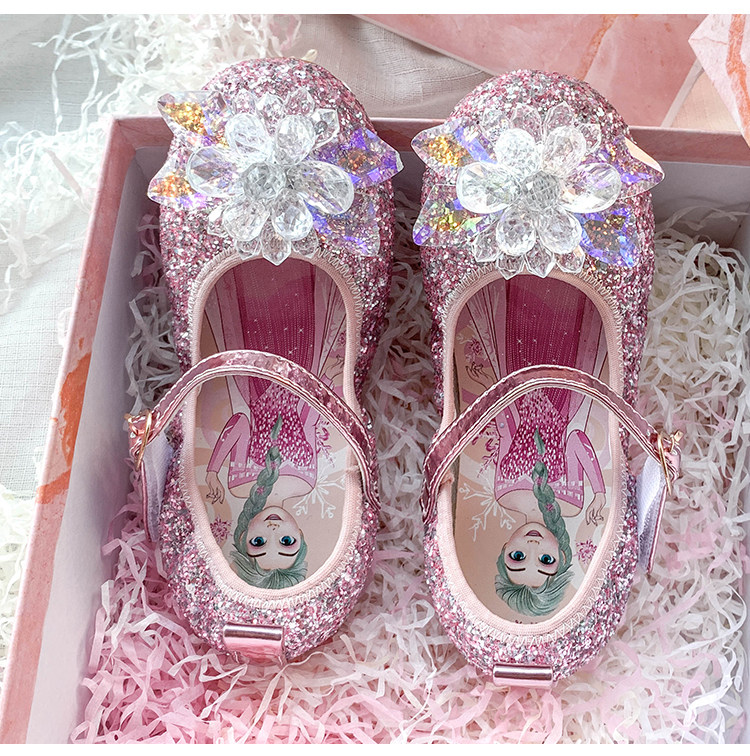 春季女童平底凉鞋爱莎公主鞋冰雪奇缘艾莎牛筋底亮片一字扣水晶鞋