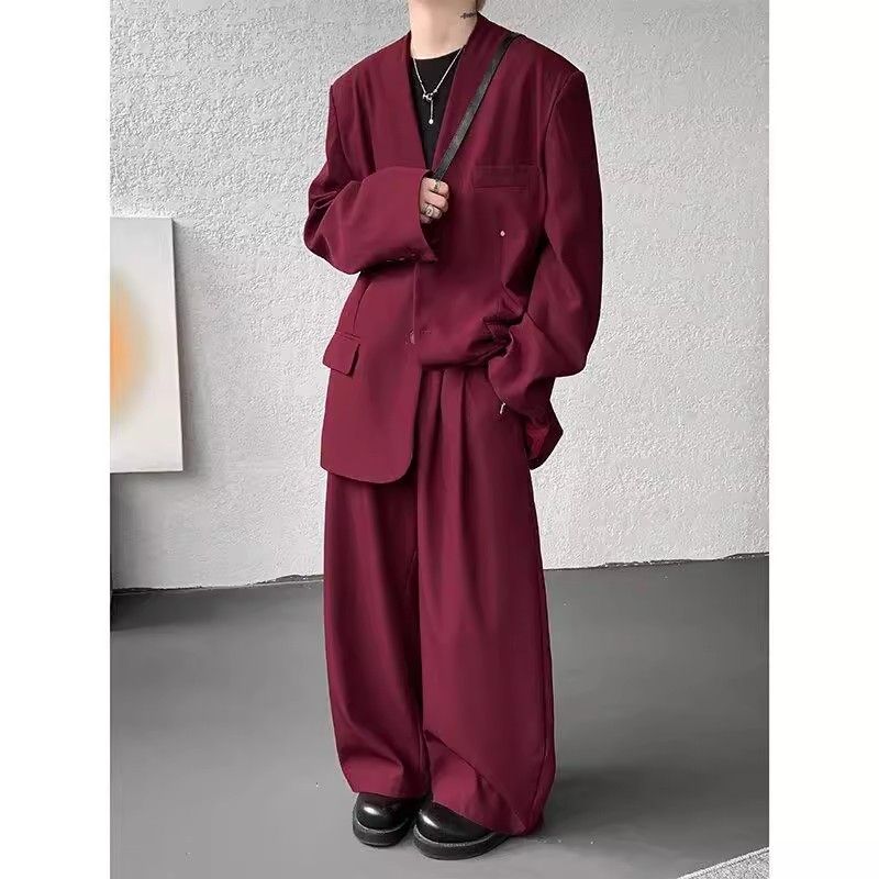 春季韩系ootd穿搭痞帅无领西装套装男松弛感酒红色西服西裤搭配潮