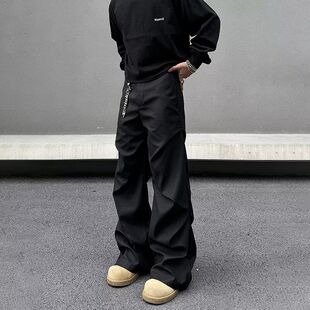 子垂坠感高级感直筒休闲裤 美式 宽松阔腿裤 男夏季 黑色褶皱微喇西裤