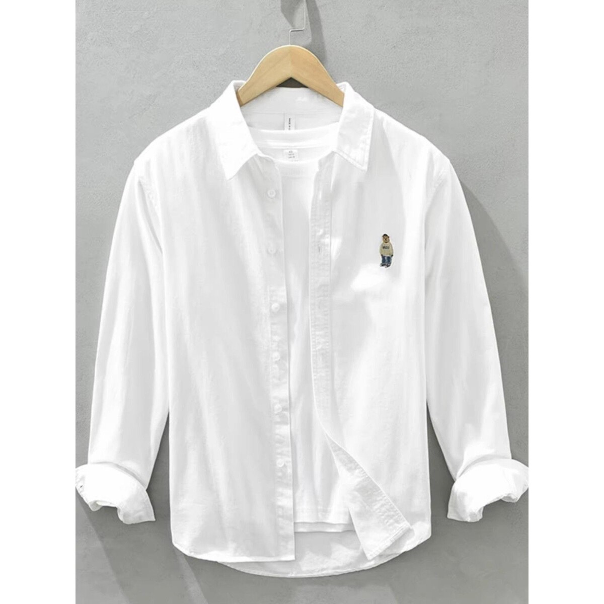 春日系青年休闲纯色牛津纺内搭打底长袖白衬衫刺绣寸衣衬衣男