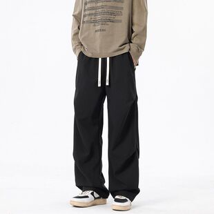 裤 休闲裤 子男春夏季 直筒宽松阔腿西裤 流行穿搭美式 黑色褶皱工装