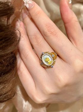 复古新中式浮雕古典贝母拉丝女神像戒指中古宫廷镂空花边精致指环