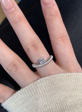 轻奢高级中古不规则手工拉丝镶嵌圆钻戒指小众复古时尚百搭食指戒