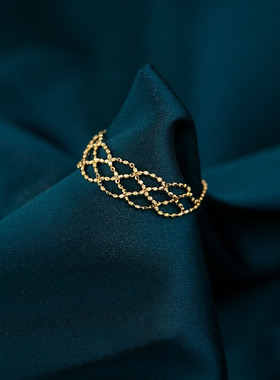 2022新款恒蕴叶子月笼轻纱米珠编织网纹蕾丝软链条可调仙女戒指