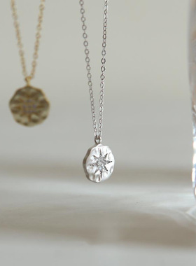 北极星手工拉丝哑光质感项链实心硬币吊坠百搭锁骨链ins小众设计