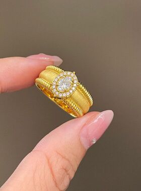 中古拉丝满圈锆石鸽子蛋边珠戒指重工高级感轻奢精致高保色食指环