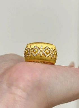 法式复古宫廷风宽版拉丝花朵镶钻戒指气质轻奢个性精致百搭食指戒