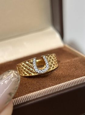 轻奢复古老钱风高级感菱纹格马蹄U型闪钻戒指时髦小众设计食指戒