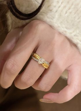 轻奢中古风拉丝麦穗水滴钻戒指小众高级感超闪百搭气质奢华食指戒