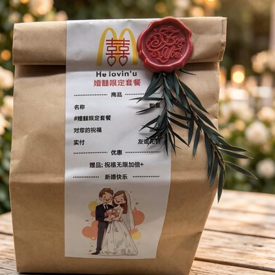 小红书抖音同款牛皮纸袋子麦当劳贴纸火漆印永生花结婚订婚喜糖盒
