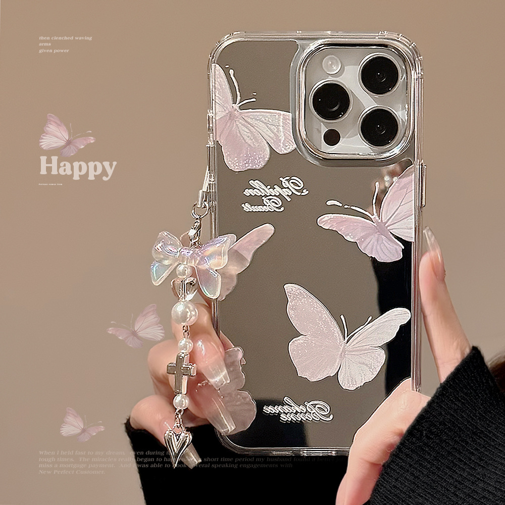 ins超仙镜面粉色蝴蝶挂坠适用苹果16promax手机壳iphone14补妆镜12新款13pro全包防摔11小众15高级感15plus女