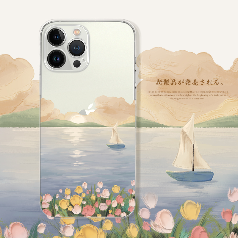 适用于苹果14promax透明手机壳16pro个性创意iphone15油画日升海岸12镜头全包7/8plus文艺13pro简约11防摔壳
