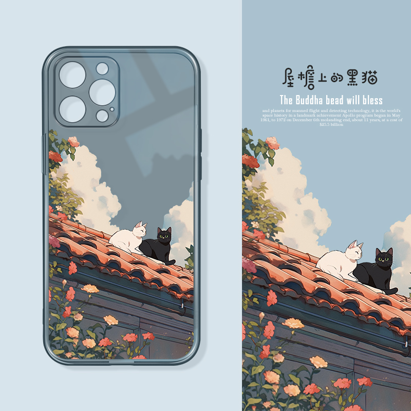 适用于苹果16pro透蓝手机壳iPhone15promax可爱创意14屋檐上猫咪13pro镜头全包11硅胶软壳15新款x/xs趣味12女