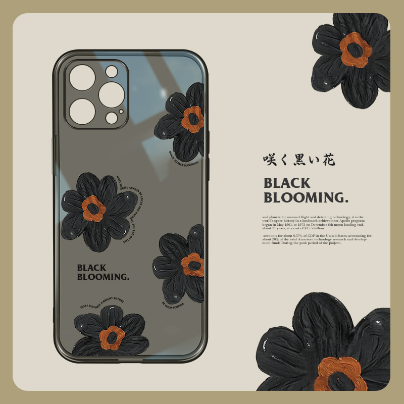 适用于苹果16promax透明黑色手机壳15pro个性韩风iphone13简约艺术花朵14plus镜头全包11防摔12液态硅胶软壳