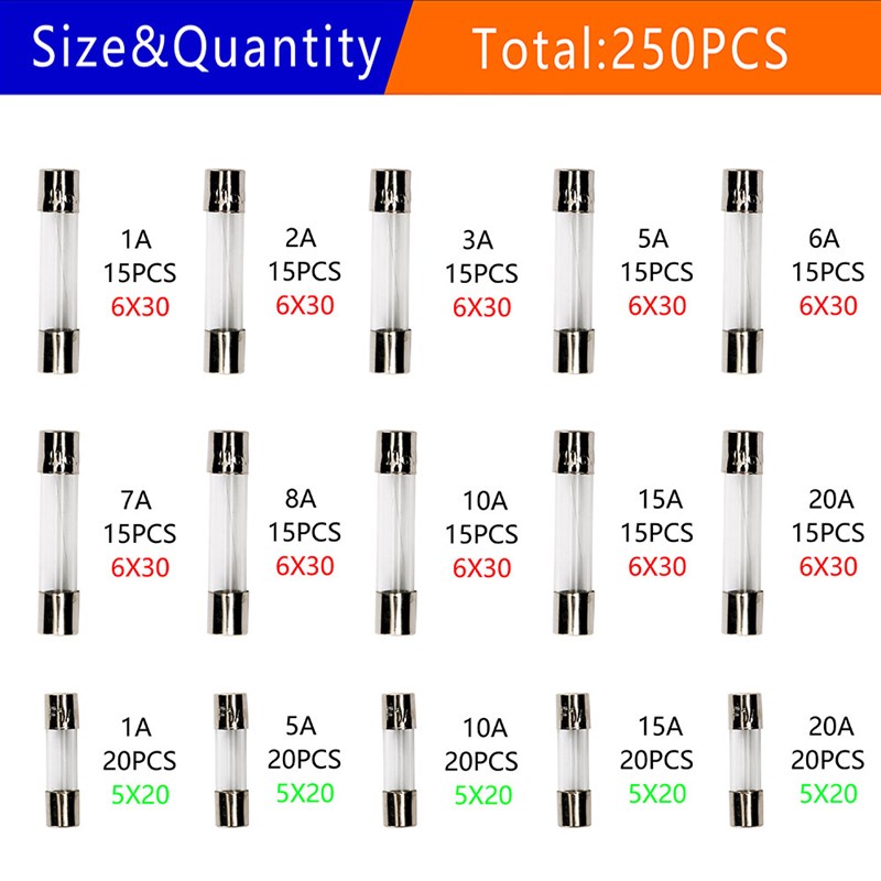 热销250PCS 15种规格 6*30mm/5*20mm毫米 快断玻璃保险管混合套装