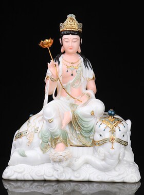 热销了凡居文殊普贤菩萨佛像汉白玉彩绘带骑华严三圣家用供奉摆件