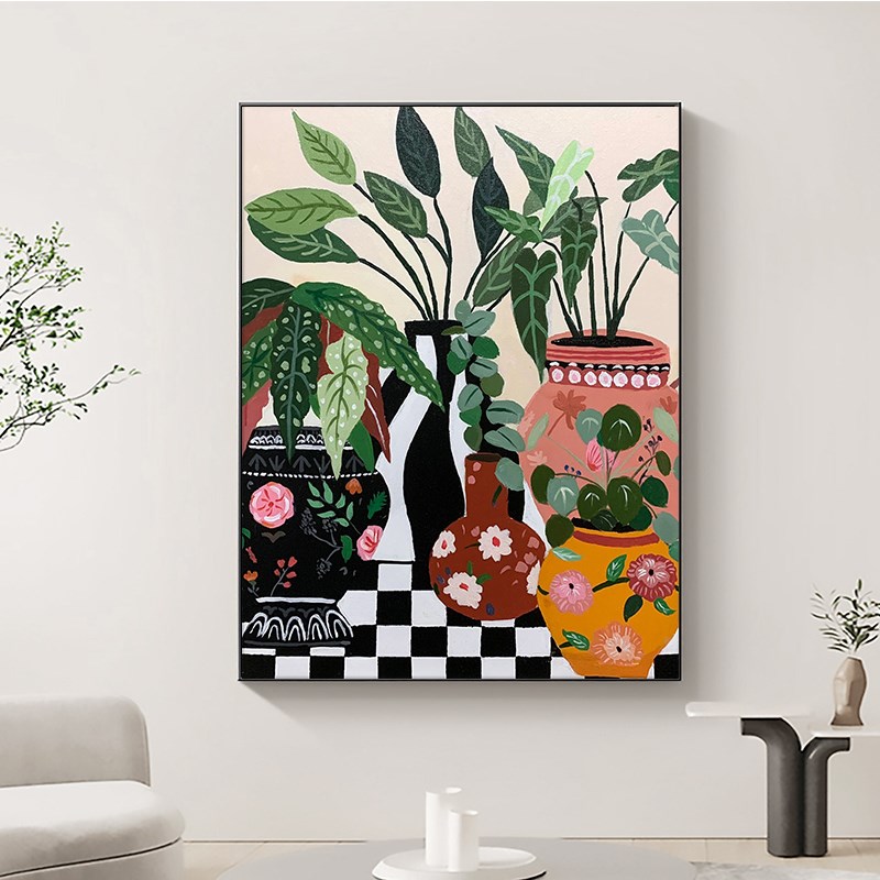 热销大芬村波普艺术手绘丙烯画客厅绿植装饰画肌理V画玄关油画客图片