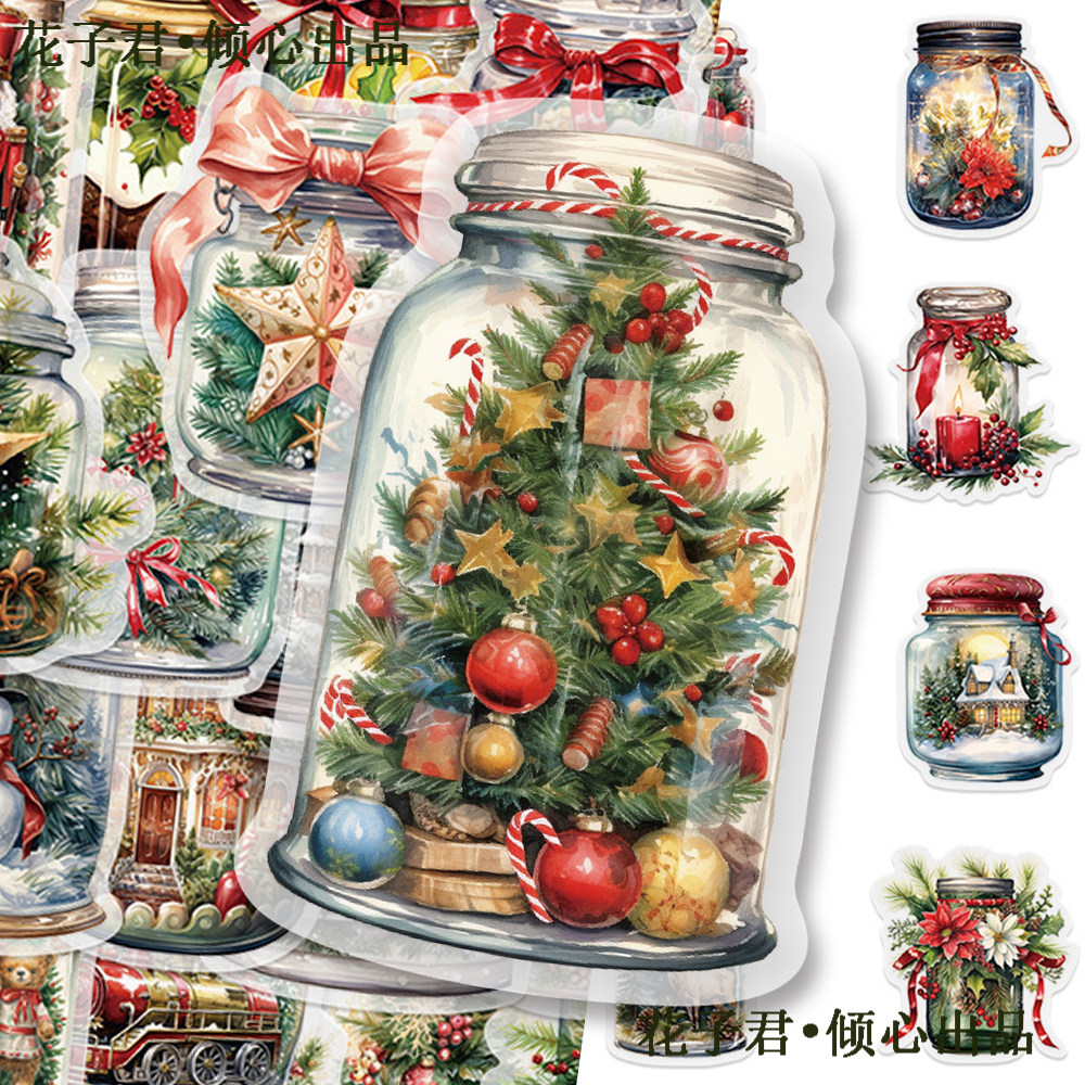 100张圣诞瓶PET贴纸卡通场景小插画圣诞树姜饼人贴画diy桌面手账