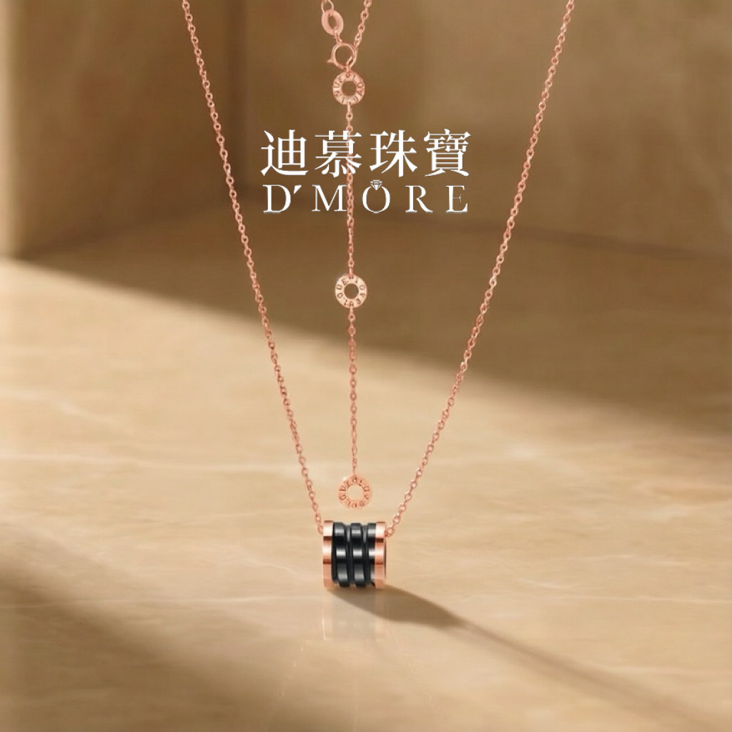 18K金弹簧项链黑玛瑙三环小蛮腰转运珠圆筒吊坠玫瑰金轻奢锁骨链