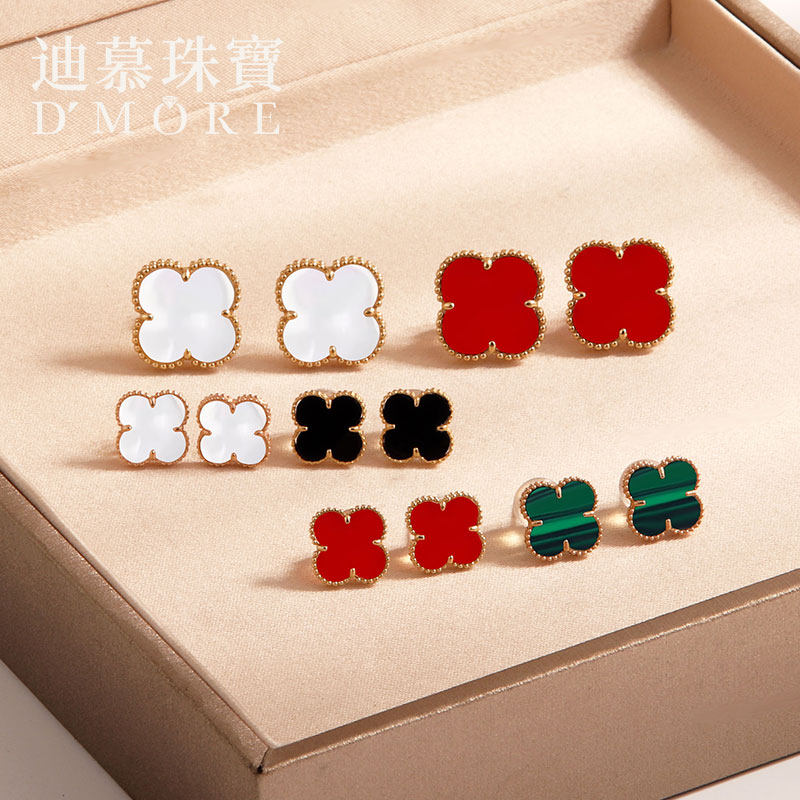 18K金四叶草耳钉彩金玫瑰金黄金色耳饰耳环au750金耳钉送女友礼物