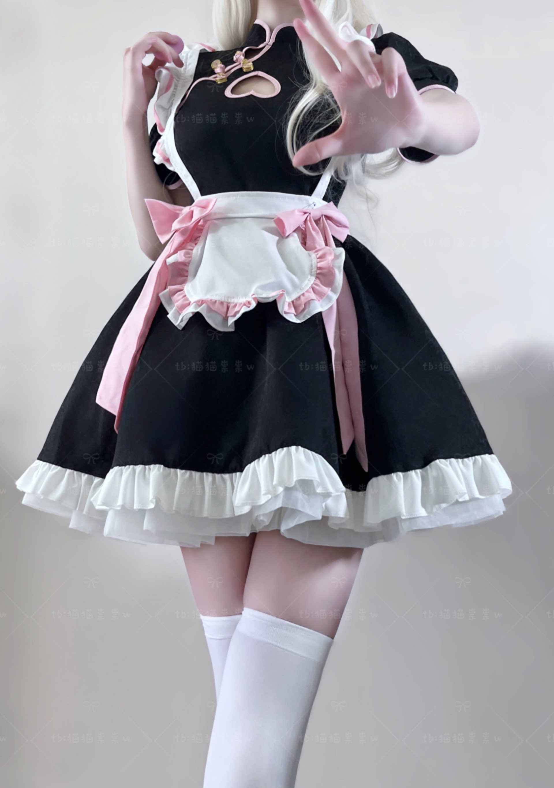 猫猫祟祟～中华风小女仆改良旗袍黑粉镂空爱心连衣裙短袖软妹cos