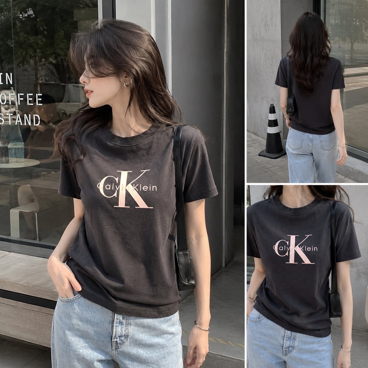 CK JEANS韩国代购26春47G825G女款经标款黑色棉休闲百搭短袖T恤图片