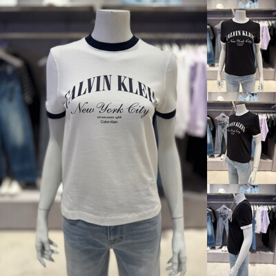 CK JEANS韩国代购26春47F891G女士休闲圆领时尚棉麻短袖休闲T恤