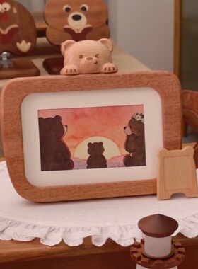 kk木作小熊咖啡杯相框摆台实木桌面摆件装饰品创意新年生日礼物