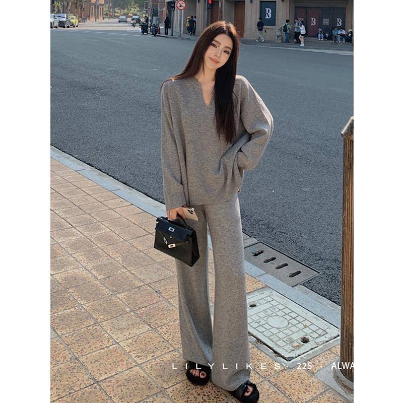 MUAMY秋冬新款休闲运动通勤一整套慵懒时尚宽松毛衣阔腿裤两件套