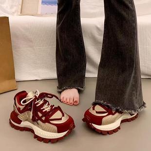 香港真皮厚底红色老爹鞋女2025秋冬季新款加绒增高软底休闲运动鞋
