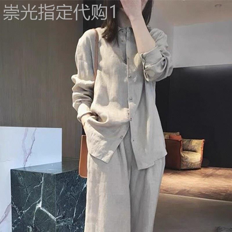 棉麻衬衫女夏季欧货薄款禅意国风亚麻衬衣阔腿拖地长裤子两件套装
