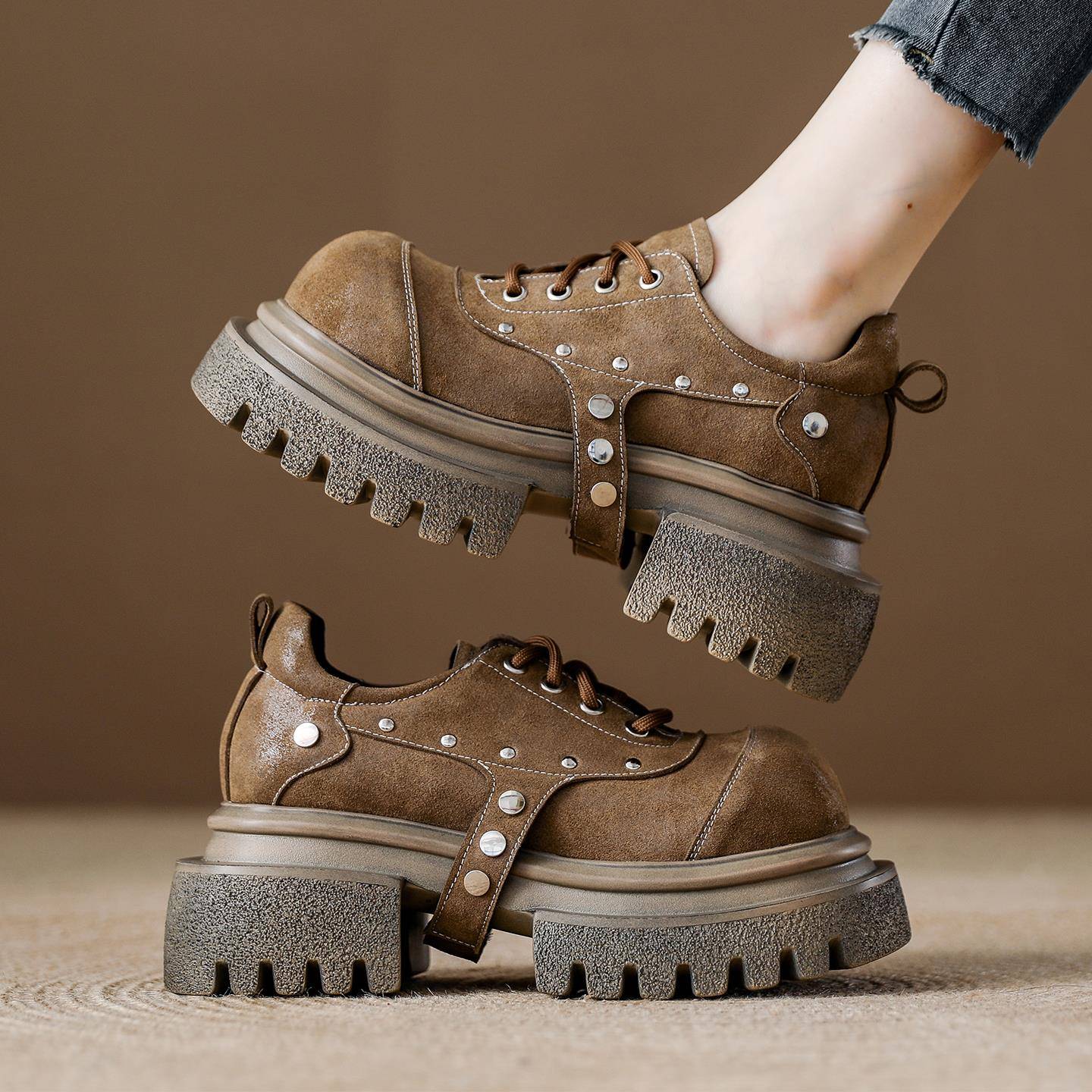 西班牙小众品牌ONGYSL磨砂真皮厚底英伦风小皮鞋女新款休闲单鞋