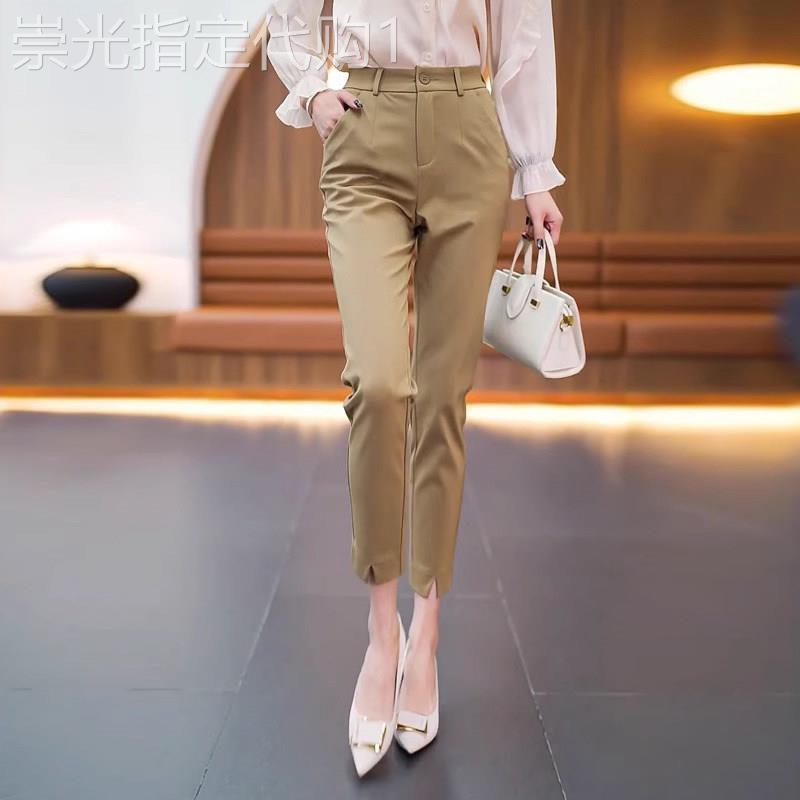 卡其色开叉休闲裤子女夏季薄款2025新款高腰显瘦小个子小脚西装裤
